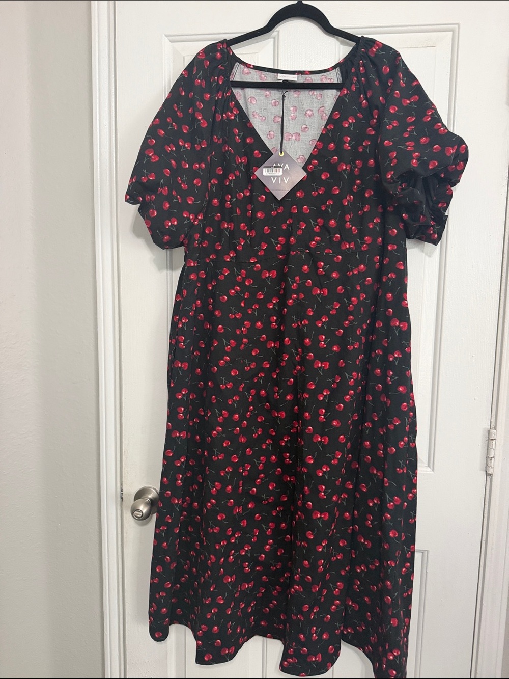 Ava & Viv Black Dress with Red Cherry Print and Puff Sleeves